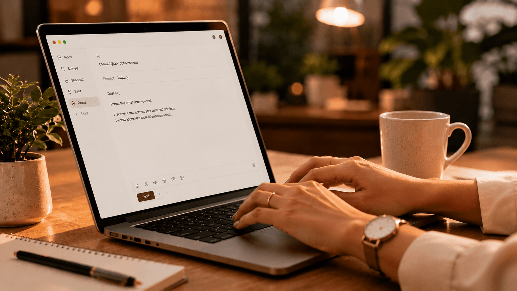 Premium close-up of a female professional's hand writing an email on a modern laptop in a high-end office environment